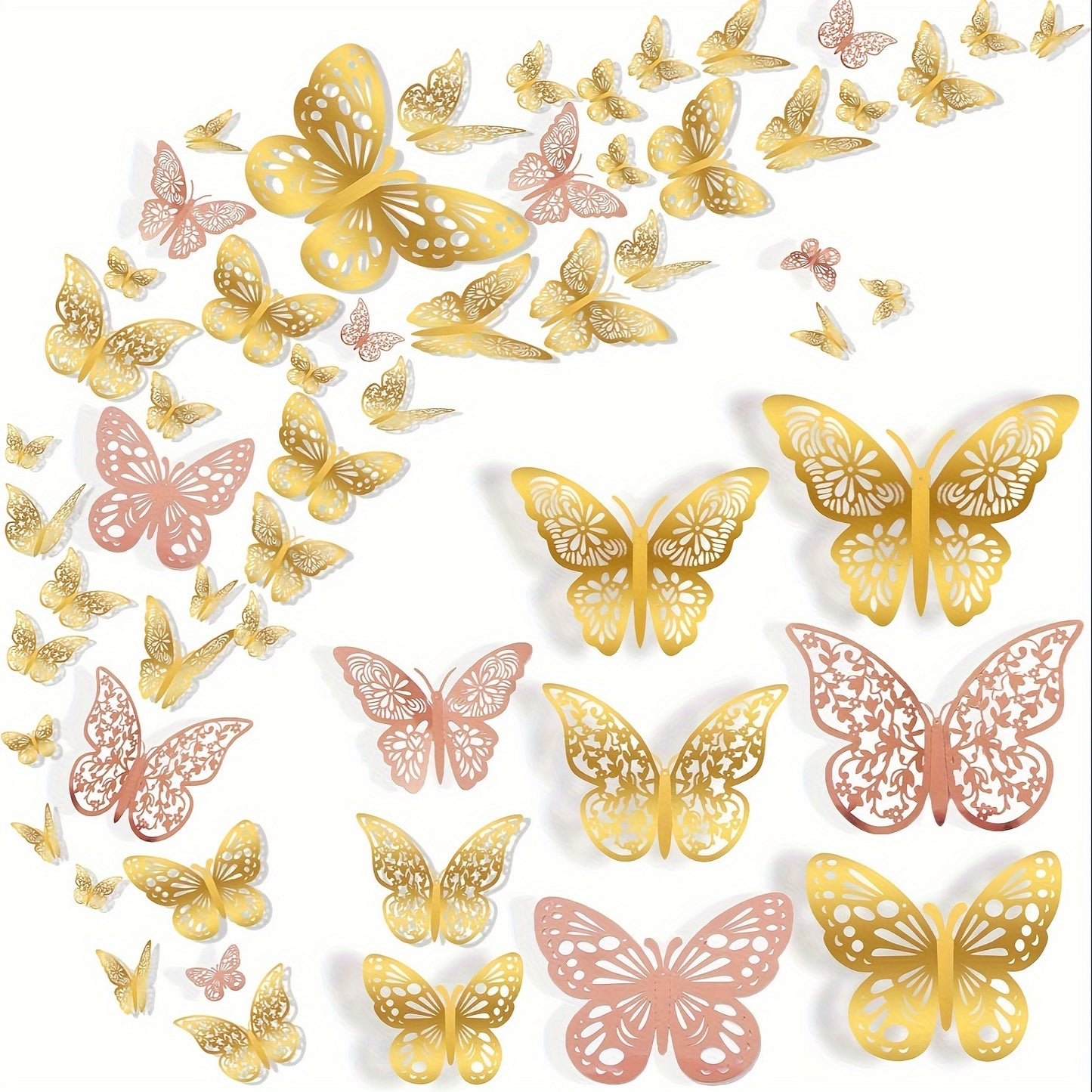 72 Golden & Rose Glitter 3D Butterfly Wall Stickers for Wedding, Birthday Party, Girls Bedroom - Lodge Style Cartoon Family Theme, Reusable, Self-Adhesive