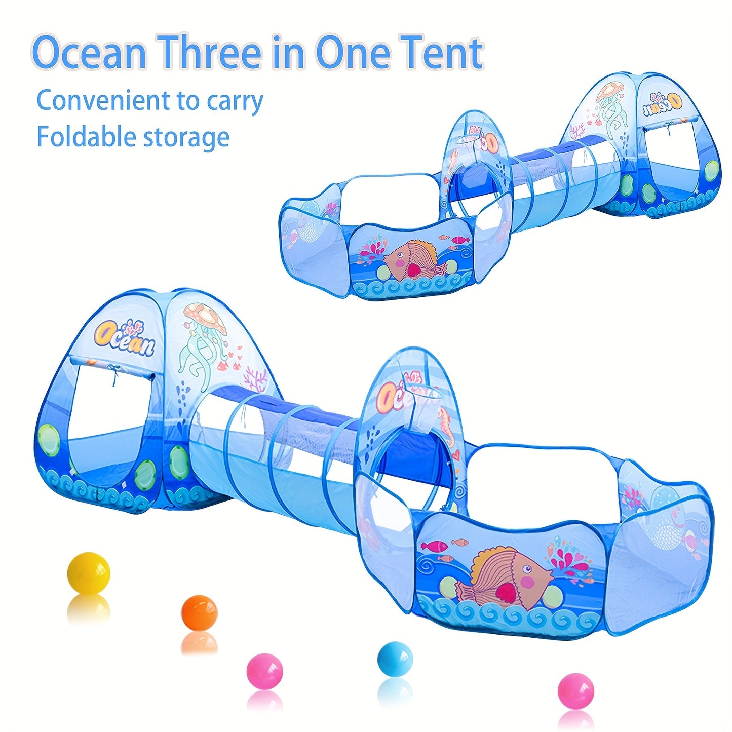 Portable foldable tent playhouse for indoor use with an ocean theme.