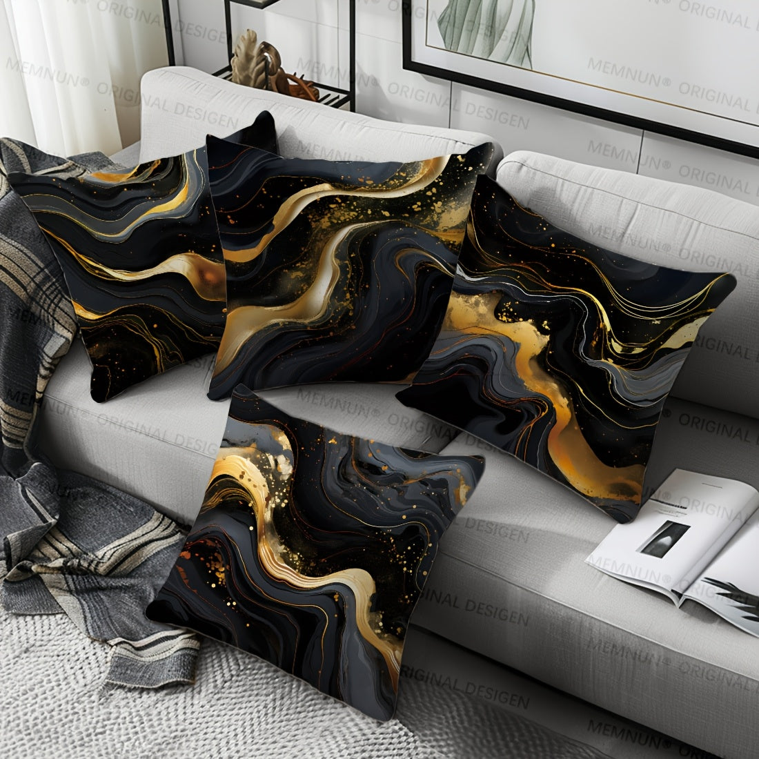 Set of 4 Black and Gold Fluid Painting Pillow Covers, Contemporary Style, 100% Polyester, Home Decoration, 17.71''x17.71''/45cm*45cm