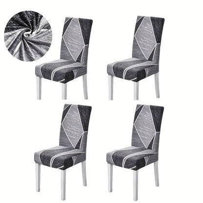 Contemporary geometric chair slipcovers in black and white. Stretchable, dustproof, lightweight fabric. Ideal for home, hotel, or restaurant decor. Easy care, machine washable. Set of 4 or 6.