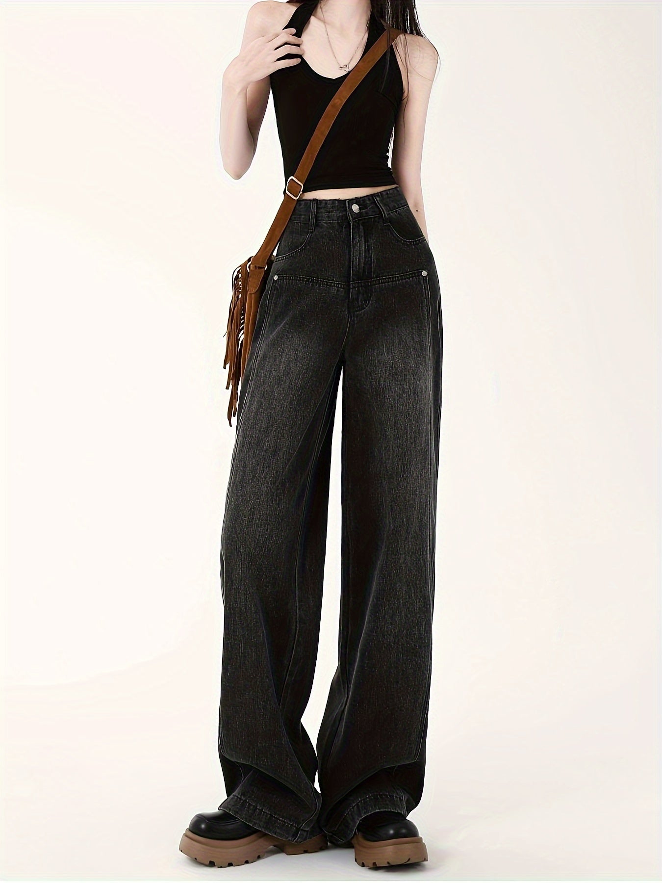 One Women's High-Waisted Wide Leg Jeans in Cotton Blend with Washed Finish, Non-Stretch, Straight Cut, Long Length, All-Season.