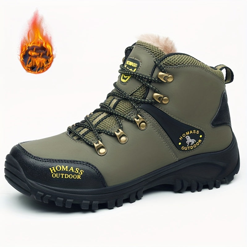 Vintage-style men's hiking boots with warm, durable, non-slip design and elastic ankle support. PU upper, rubber sole, lace-up closure. Ideal for all-season adventures.