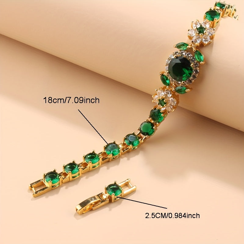 Elegant Vintage Women's Bracelet Set featuring Synthetic Stones, 18K Gold-Plated Copper Chain Link, High-Quality Zirconia Mosaic Detailing, Perfect for Weddings and Parties, Ideal Christmas Gift, Versatile Accessory - Single Piece