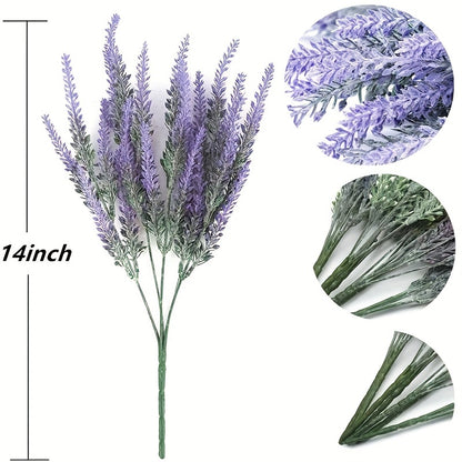 4 bundles of artificial lavender faux plastic purple flowers for indoor and outdoor home decor.