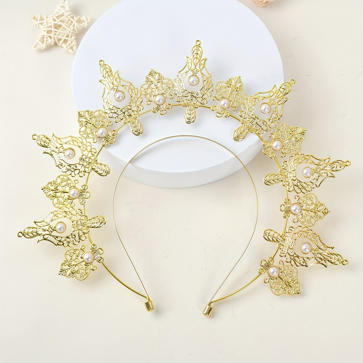 One piece of fashion vintage hair accessory - Goddess Crown Tiara featuring faux pearl metal and a golden crown headband hairband.