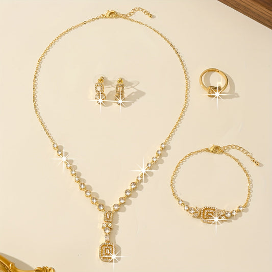 Luxurious 5-Piece Jewelry Set for Women, Featuring 18K Gold Plating, Synthetic Zirconia Stones in a Stylish Square Design, Made of Copper. Perfect for Everyday Wear or Special Wedding Events, with a Beautiful Celestial Symbol Theme. Ideal Gift for