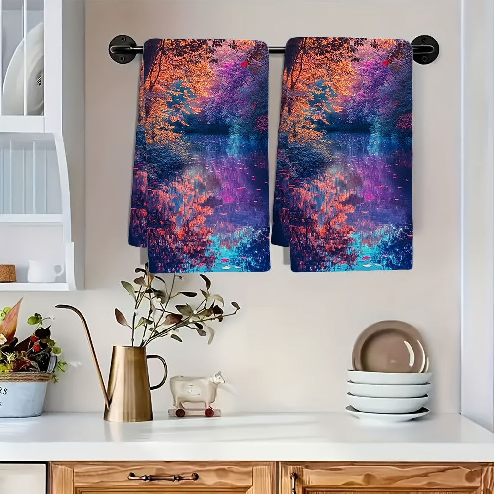 2 Ultra Soft Kitchen Towels featuring a Vibrant Autumn River Scene - Highly Absorbent, Machine Washable Dish Hand Towels, measuring 40.64x60.96 cm - Perfect for Holiday Decor and as Dish Towels.