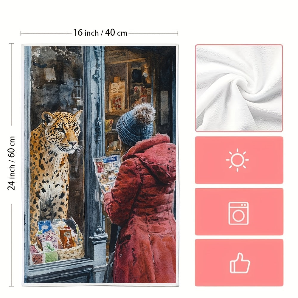 Set of 2 Ultra Soft Kitchen Towels featuring a Whimsical Leopard & Human Encounter Design, Made with Highly Absorbent Polyester Material. Easily Machine Washable, each towel measures 40.64x60.96 cm - Perfect for Holiday Decor and practical use as Dish