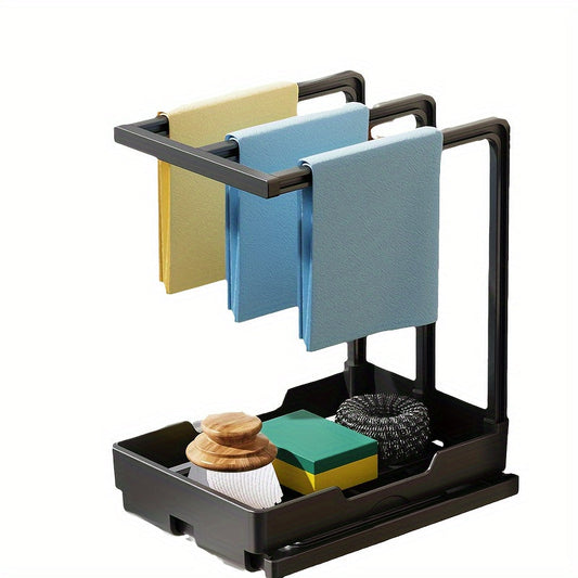 Durable wall-mounted dish cloth and sponge holder with drainable shelf for kitchen and bathroom organization. Perfect for neatly storing sponges and dishcloths, keeping your countertop clutter-free. Ideal for home organization and storage.