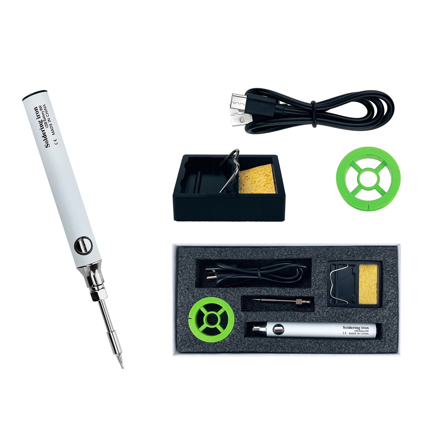 USB rechargeable soldering iron set with high heating rate and easy operation, suitable for DIY repairs at home or outdoors with nichrome heating element.