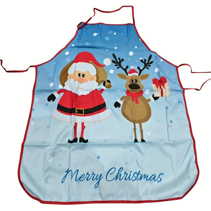 Christmas Santa apron featuring red polyester with holiday designs like snowflakes and reindeer, perfect for cooking, baking, and party decor – easy to care for.