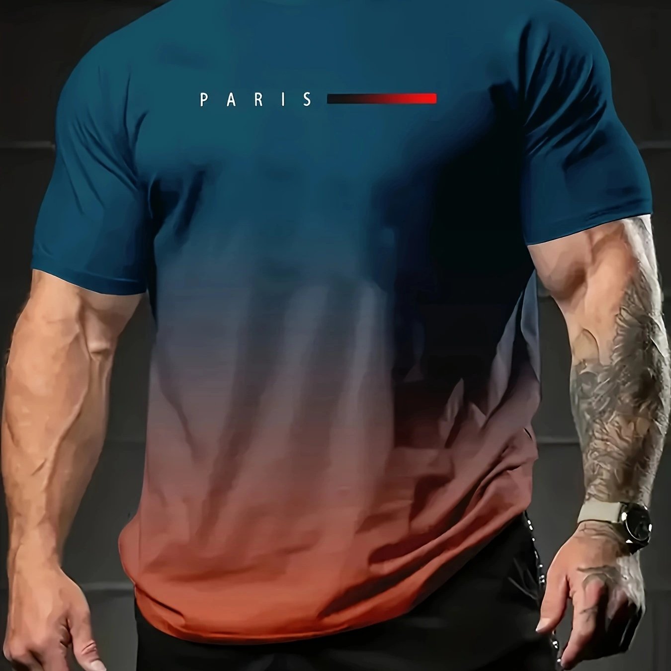 Vintage-inspired gradient Paris graphic tee for men features a black to red transition with iconic "PARIS" design. Made of a polyester blend, it has a crew neck, short sleeves, and is