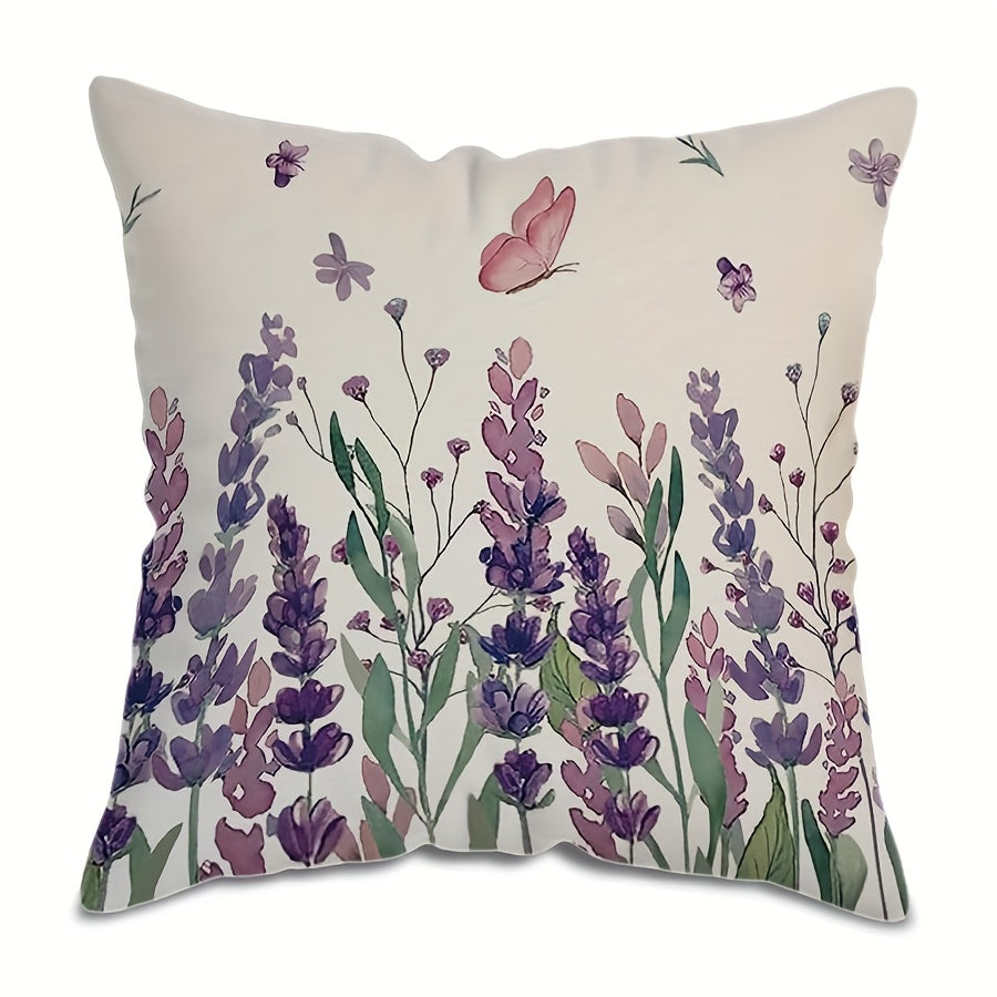 Purple Floral Pillow Cover measuring 44.98cm x 44.98cm. Features include a single-sided print, zip closure, and machine washable design. Ideal for adding a chic touch to your living room sofa or bedroom decor. Perfect for couch pillows.