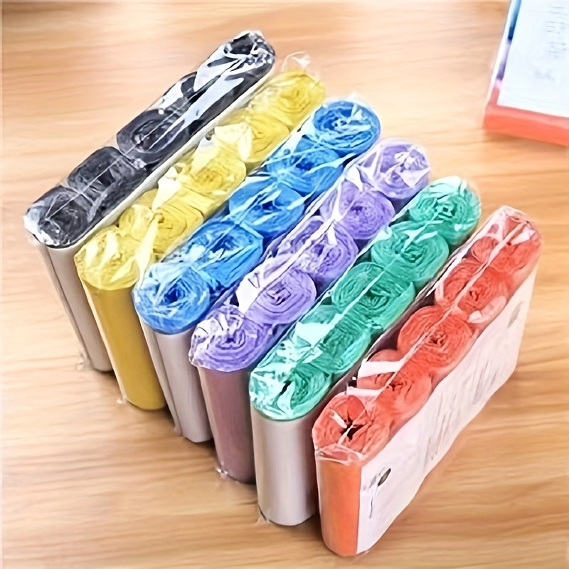 5 Rolls of 100 random color plastic garbage bags, suitable for home use. Kitchen and bathroom disposable garbage bags with a point cut style colored flat mouth.