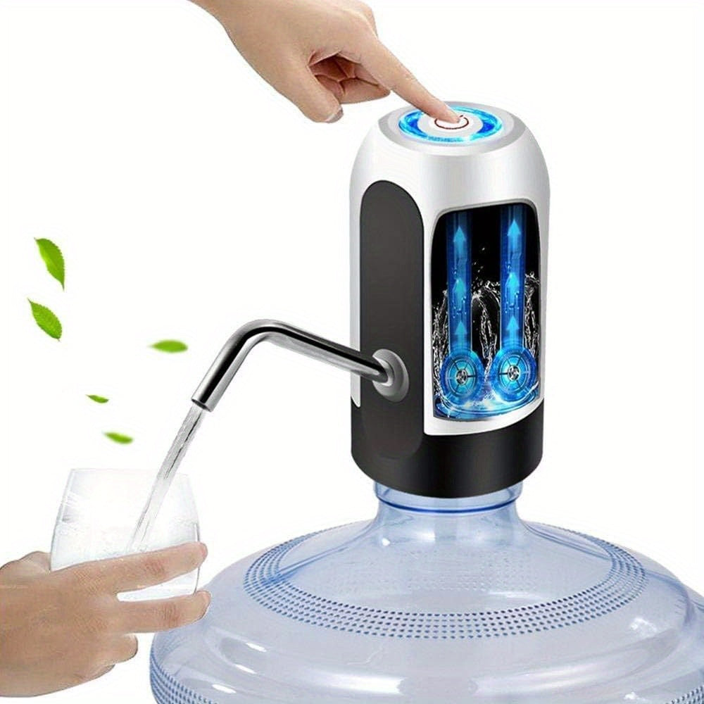 Electric water bottle pump for 11.36-18.93 L bottles with USB rechargeable lithium battery and ≤36V operating voltage. Ideal for camping.