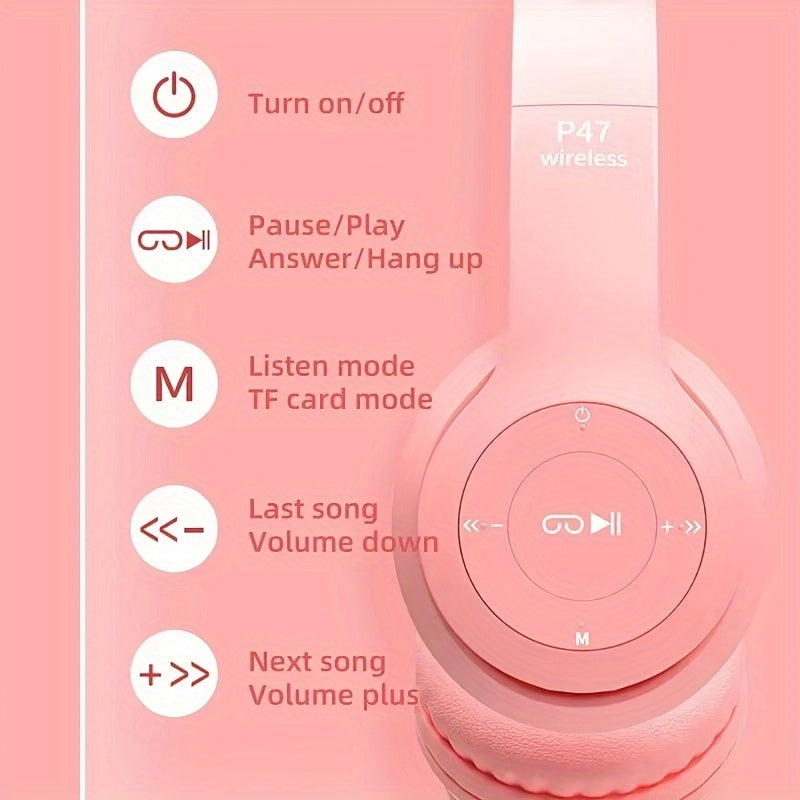 Wireless headphones with cute cat ears, LED lights, mic control. Stereo music helmet for phones and tablets with USB charging, volume control, and 3.5mm jack. Available in multiple colors.