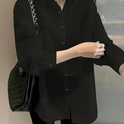 Women's Elegant Black Shirt with Belly Support, Long Sleeve, Lapel Collar, and Single Breasted Placket. Made of 95% Polyester and 5% Elastane. All-Season Loose Fit Casual Top.