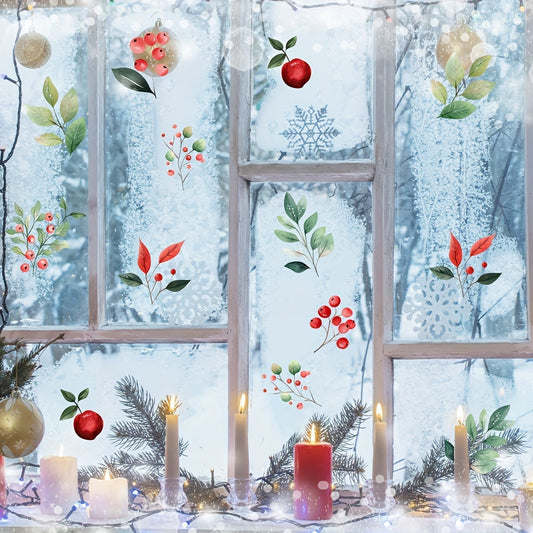 Art Deco Style Berry Branches and Leaves Christmas Window Clings Decals, Snowman House Self-Adhesive Stickers, Festive Glass Decor with Assorted Embellishments, Single Use