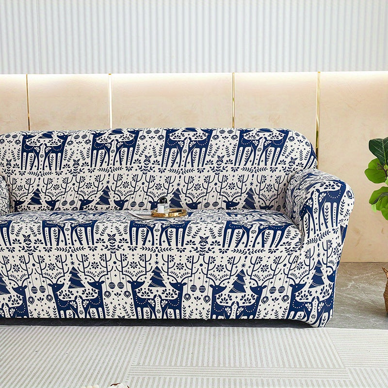 Modern printed sofa slipcover with elastic closure, made of 95% polyester and 5% spandex. Machine washable with active printing and stitched craftsmanship. Fits armchairs to sectional sofas, weighing 100-120gsm fabric.