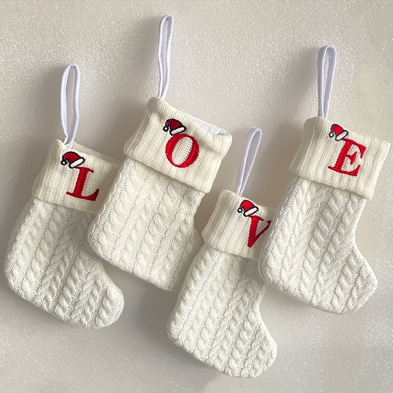 White cable knit stocking with embroidered 'F' - Ideal for indoor decor.