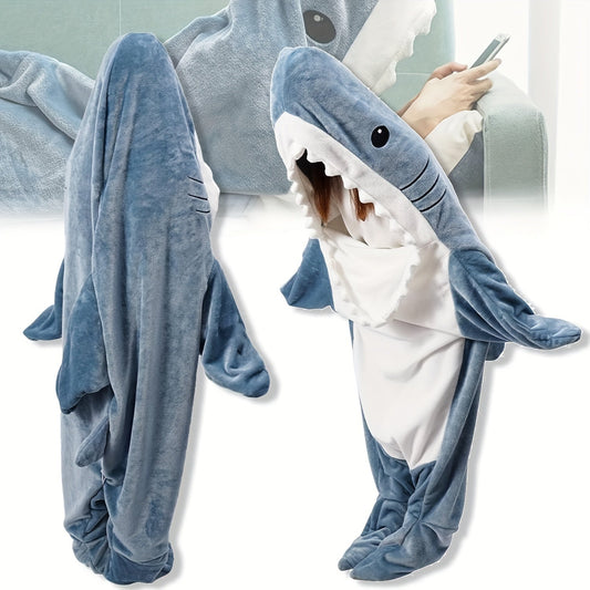 Stay warm and cozy with the 1pc SOWOIOM Cozy Shark Wearable Blanket. Made from soft flannel and featuring a stain-resistant blue with a white shark design, this blanket is perfect for boys and girls. It is machine washable and can be used as a sleeping