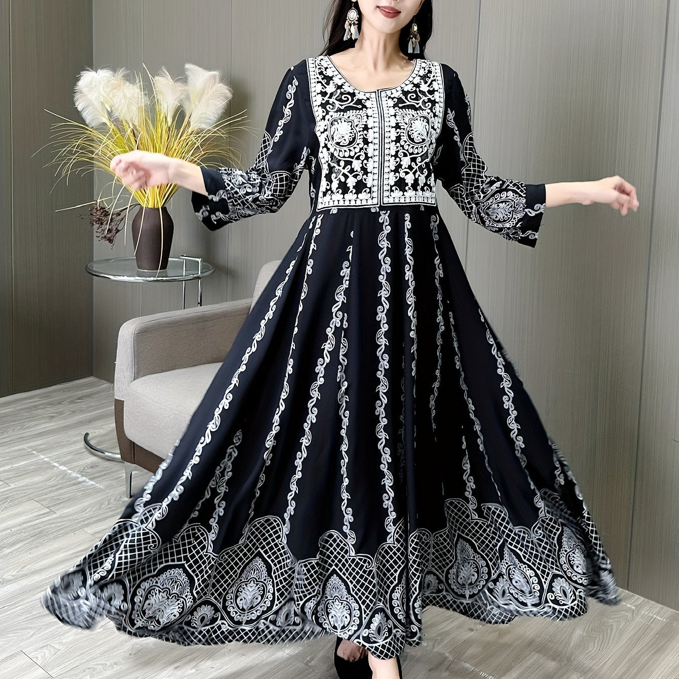 Vintage-inspired black & white embroidered kaftan dress with 3/4 sleeves perfect for casual, vacation, beach wear. Polyester, non-stretch fabric.