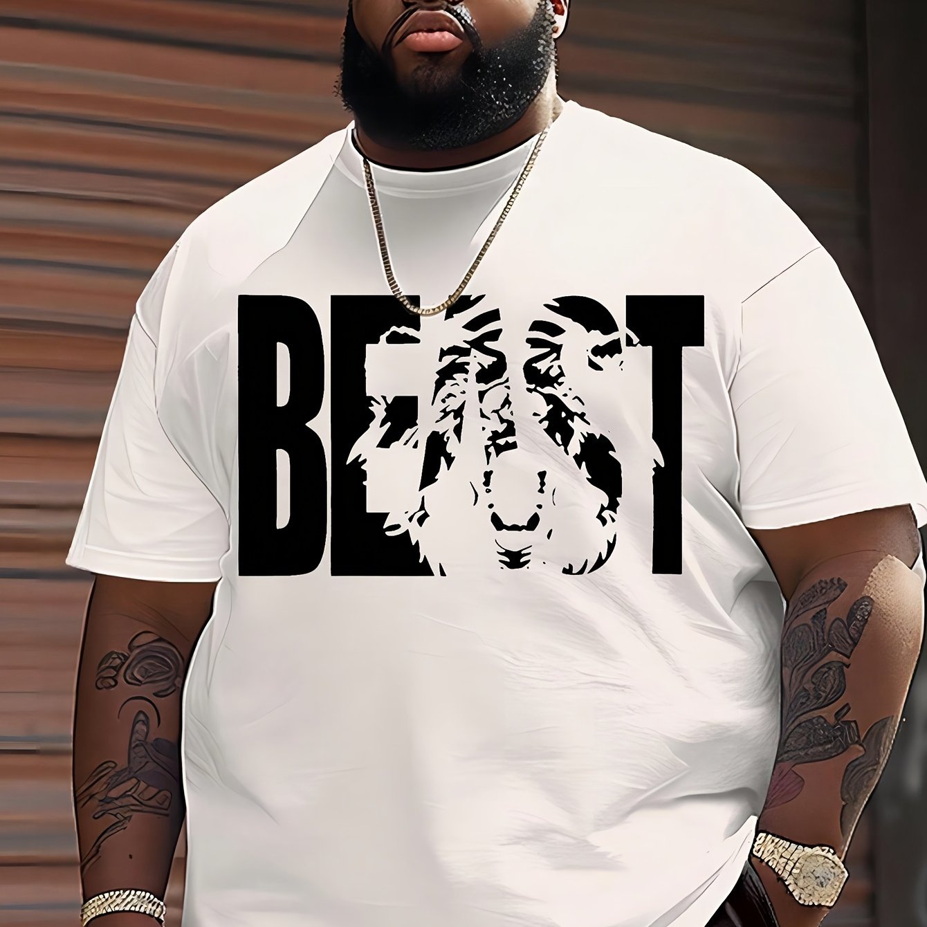 BEAST Print Men's Plus Size Cotton T-shirt, Casual Tops for Daily Wear, Practical Gift for Men