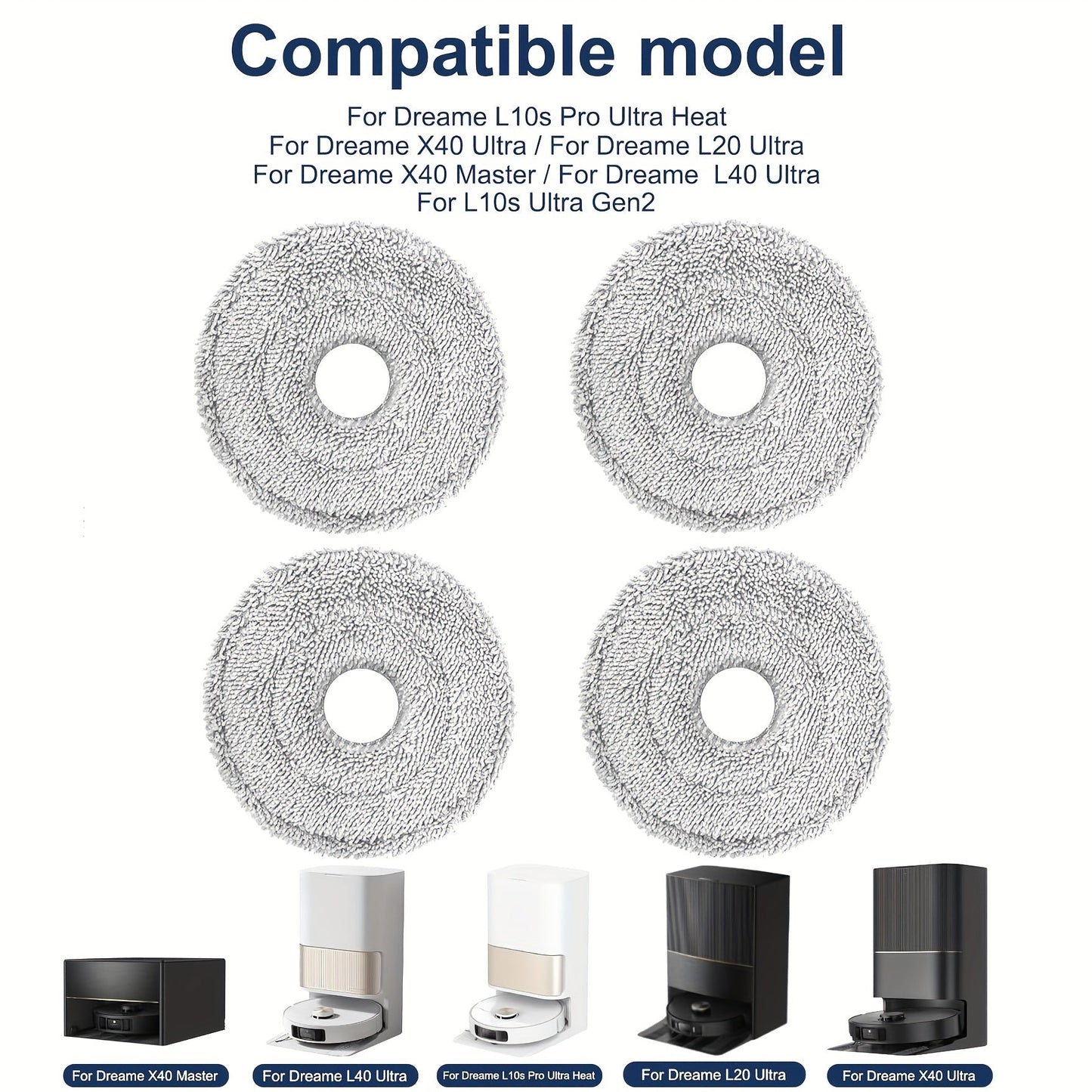 Get 4 high-quality microfiber mop pads that are super absorbent and compatible with Dreame Robot Vacuums such as L10s Pro, X30, X40, and more. These pads are washable and reusable, making them a great addition to your floor cleaning accessories. They are