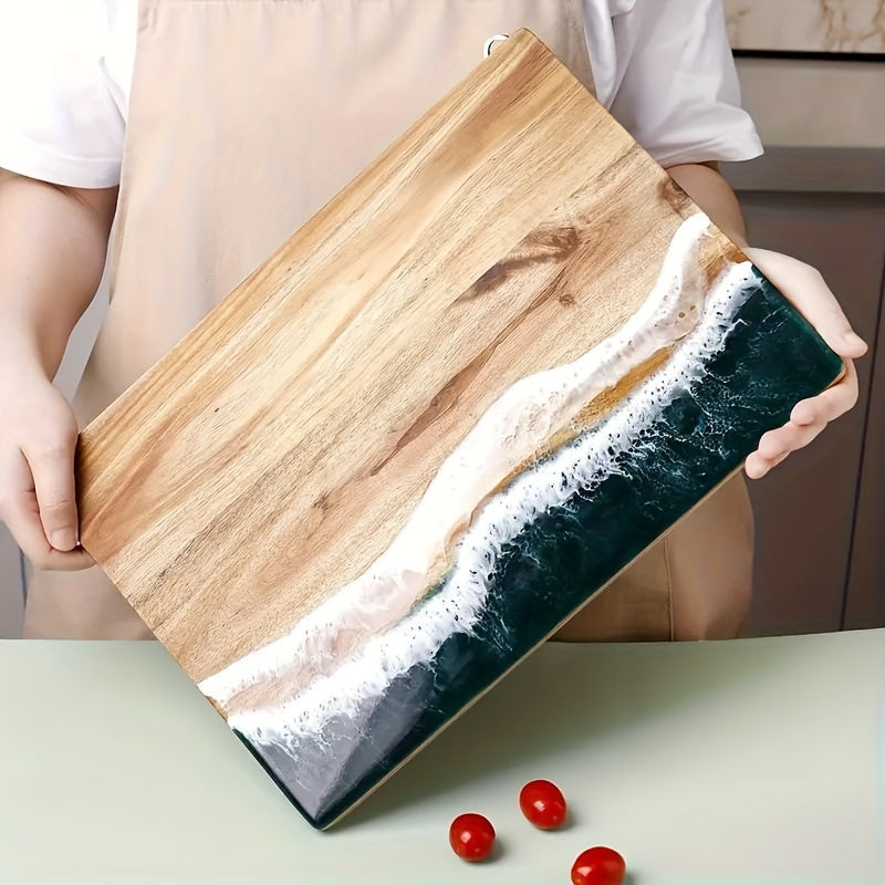 Get your hands on the stylish Wavy Resin Acacia Wood Cutting Board for home use. This creative cutting board is safe for food contact and perfect for slicing fruits and vegetables. Its unique wave design adds a touch of elegance to your kitchen, making