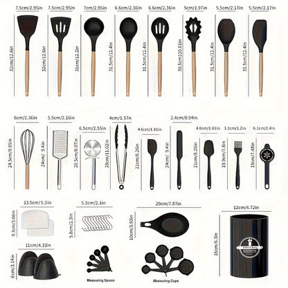 Set of 43 Silicone Cooking Utensils with Wooden Handle - Non-Stick and Heat Resistant Spatula Set for Baking, Cooking, and Mixing. Includes Holder for Best Kitchen Gadgets and Accessories.