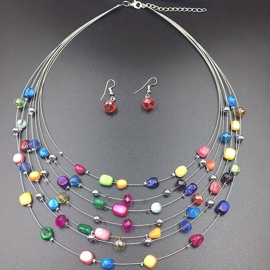 Colorful beads and shell beads multilayer necklace and earrings jewelry set for summer style, perfect for parties and holidays. A great gift for ladies to accessorize their outfits.