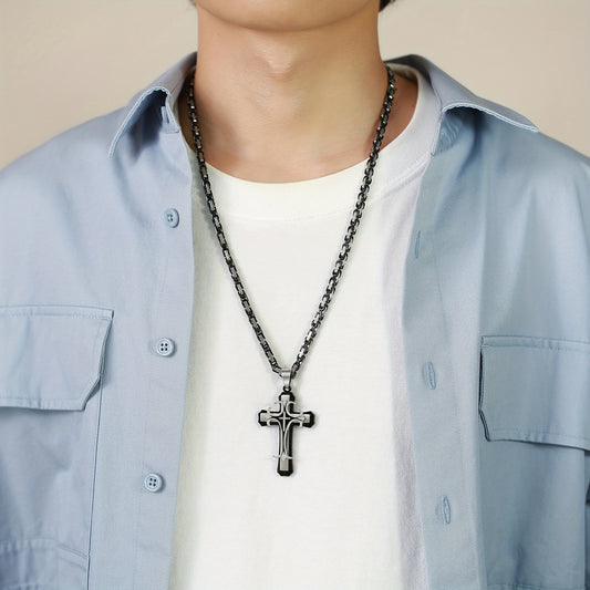 Men's Fashionable Byzantine Necklace with Double-layer Stainless Steel Cross Pendant