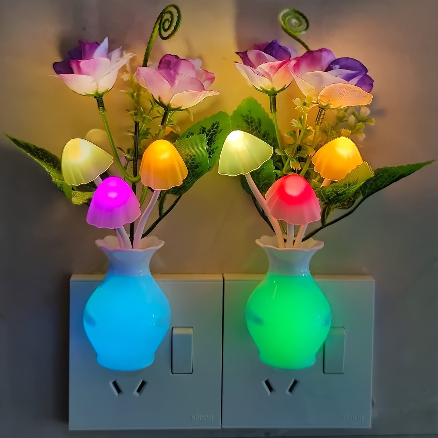 Walleaf LED Mushroom Night Light features a Dusk to Dawn Sensor for gentle ambient lighting. Perfect for wall decor, this soft and non-glaring light is easily plug-in with European Standard.