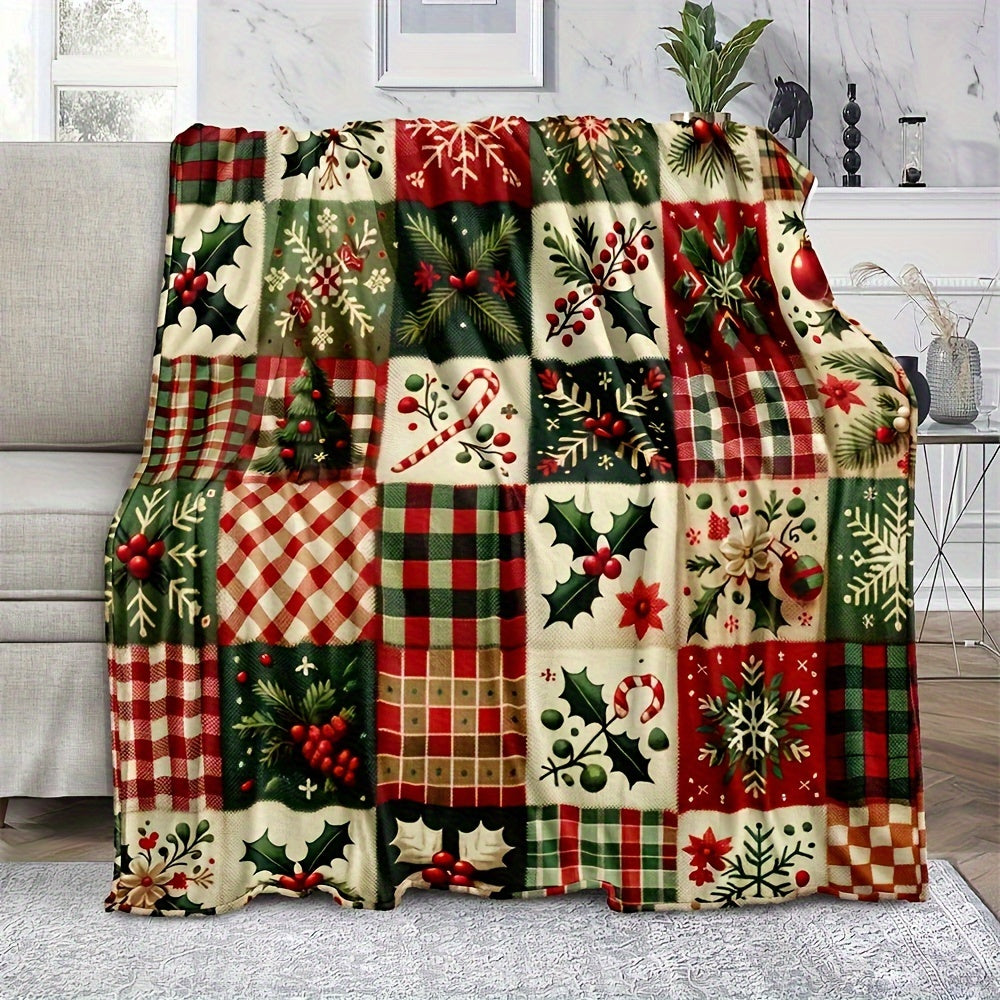 1 piece Traditional Christmas Patchwork Fleece Blanket featuring Festive Holiday Home Decor, Classic Red & Green Patterns. This blanket is Soft & Cozy, All-Season, Tear-Resistant, Machine Washable with a Digital Print design. Made of Polyester, Quilted