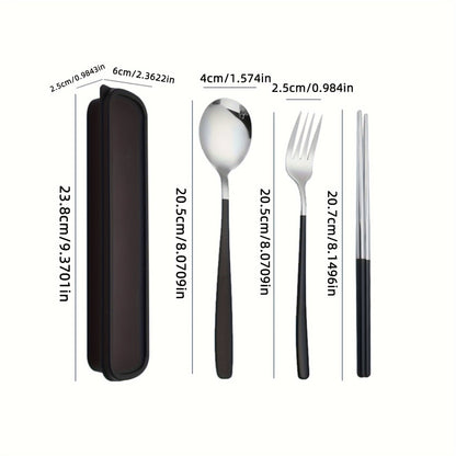 Set of 4 stainless steel portable cutlery with reusable box, including fork, spoon, and chopsticks. Perfect for steak, outdoor gatherings, camping, and as a Chinese-style gift set.