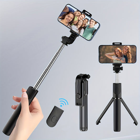 Portable selfie stick tripod with wireless remote control and 360-degree rotation, compatible with Apple iPhone, Samsung, and Android smartphones.