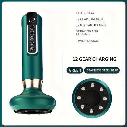 Cloud Prime Electric Vacuum Cupping Massager with 6/12 levels, USB rechargeable with 1800mAh battery. Available in White, Green, Gray.