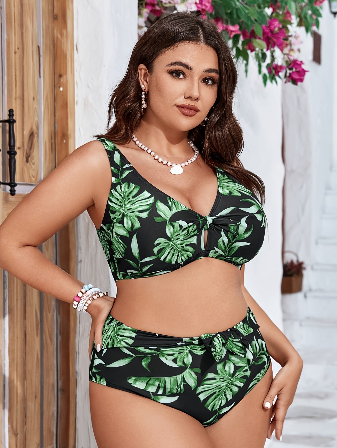 Printed high-elastic V-neck bikini set for women