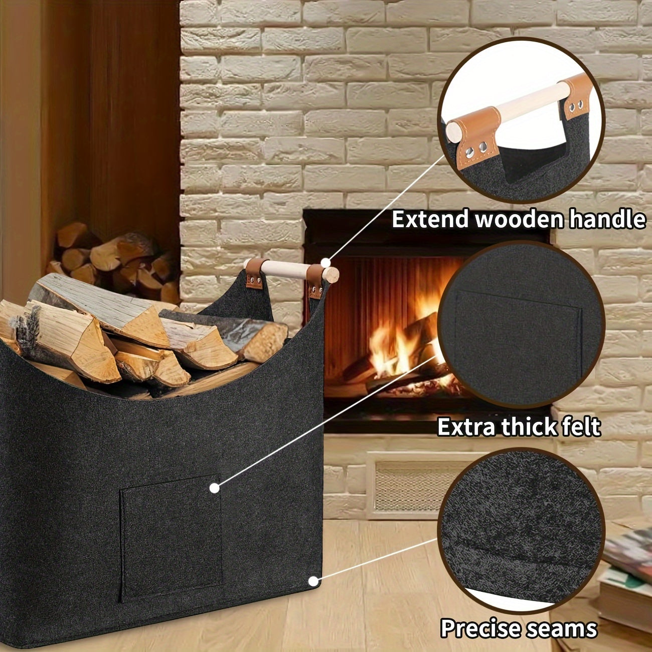 Durable PET Material Firewood Basket in Extra Large Size, Dark Grey, with Reinforced Handles and Foldable Wooden Storage Bag for Wood, Newspaper, or Shopping - Measures 32x50x40cm