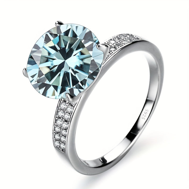 A stunning 5ct Moissanite ring crafted in 925 Sterling Silver, available in multiple colors. This high-quality jewelry piece is perfect for engagement and wedding scenes. Comes with a certificate of authenticity and gift box.