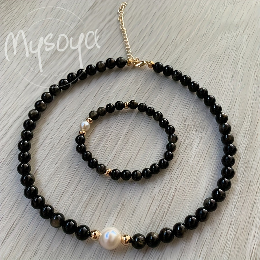 Handcrafted Natural Obsidian Baroque Pearl Necklace by MYSOYA featuring 7-9mm Freshwater Pearls. This vintage elegant piece is perfect for daily wear and special occasions, making it an ideal Valentine's Day gift. Comes with a gift box, making it an