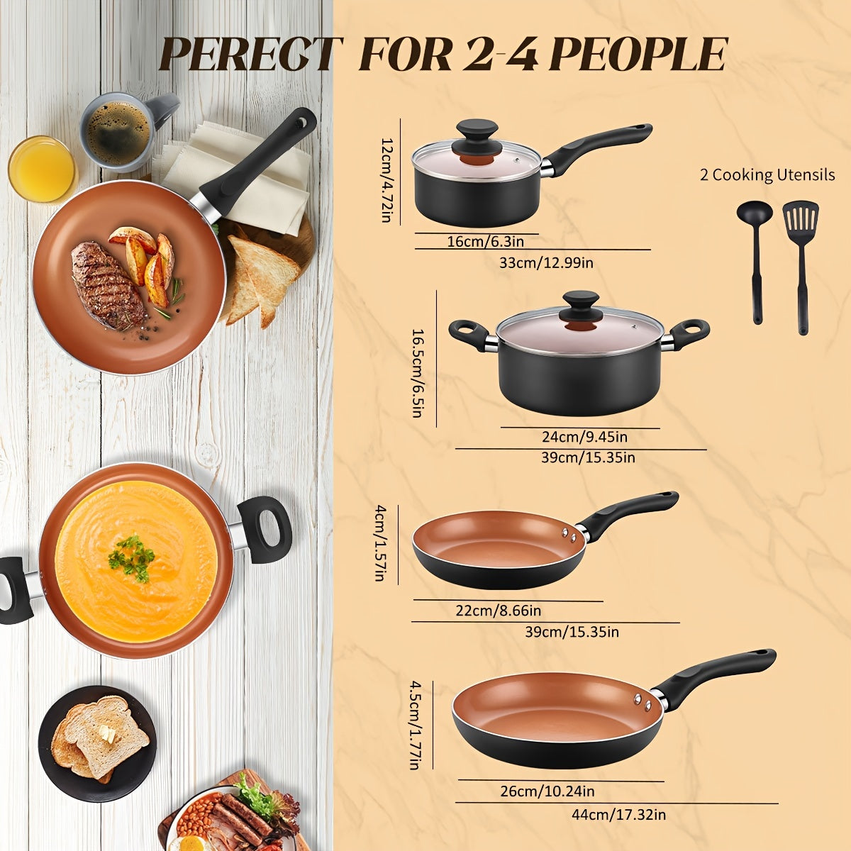 Set of 6 Nonstick Ceramic Cookware - Includes Stock Pot, Milk Pan & Frying Pans with Lids - Built with Durable Copper Aluminum for Use on Induction/Gas Stoves