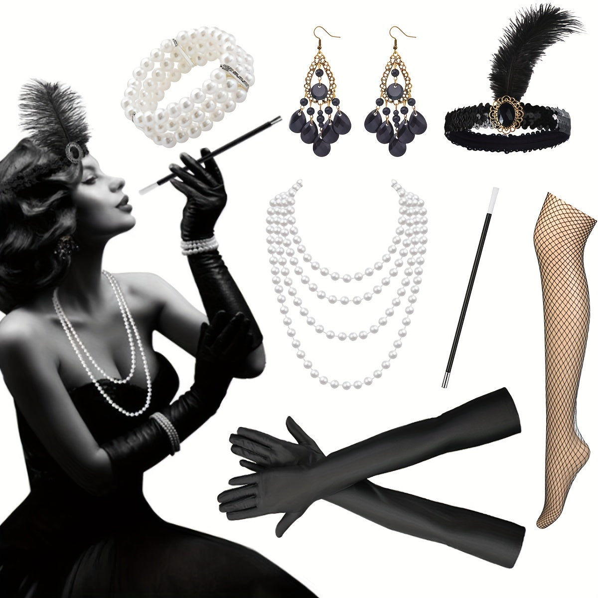 Vintage accessory set in the style of the 1920s, inspired by The Great Gatsby, featuring a necklace, bracelet, cigarette holder, stockings, and earrings.