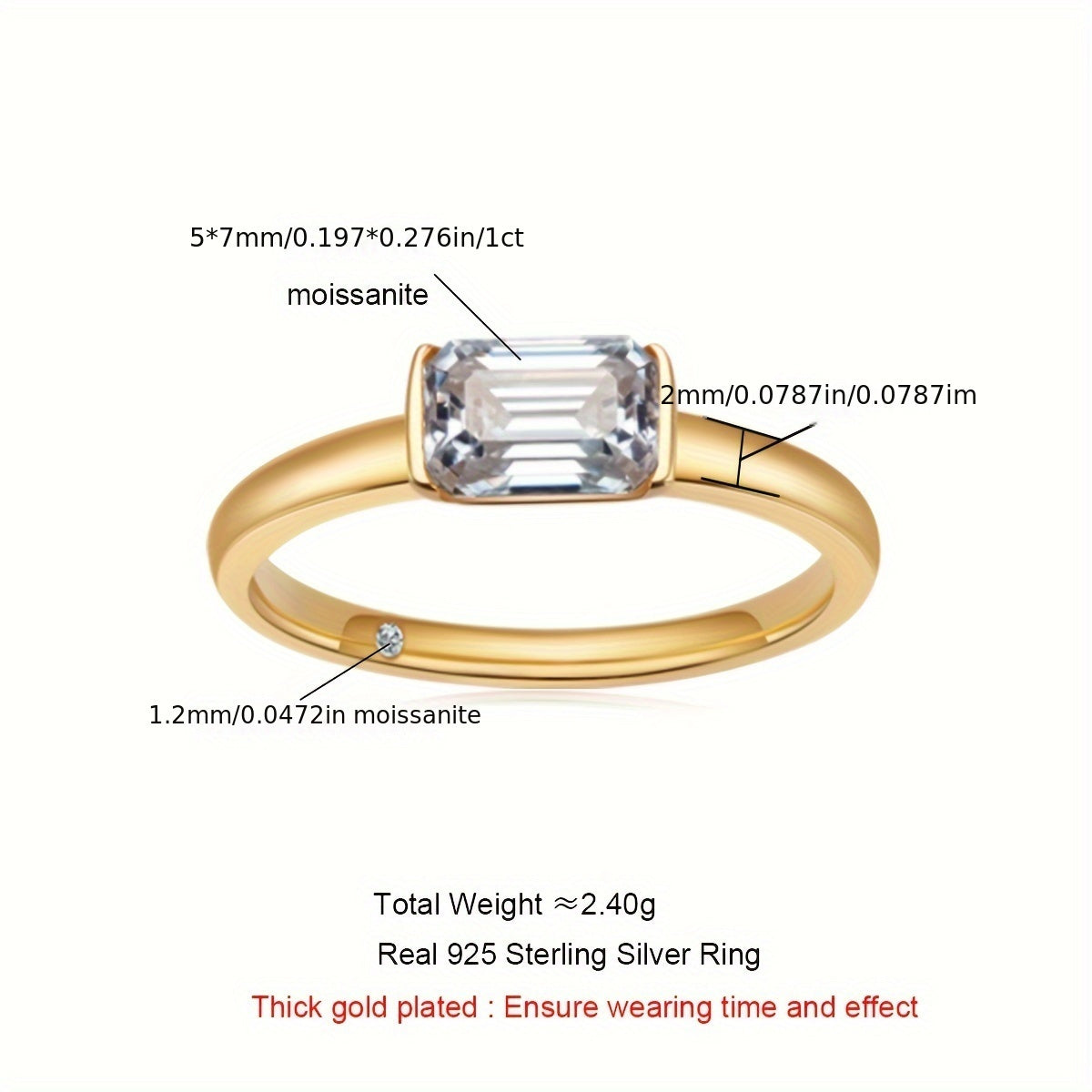 Elegant Sterling Silver Moissanite Ring featuring a 1CT Emerald Cut Stone, the Perfect Fashion Accessory for Women. Ideal for Weddings, Engagements, Anniversaries, or Parties. Stone Size: 5x7mm, Total Weight: 2.4 Grams.