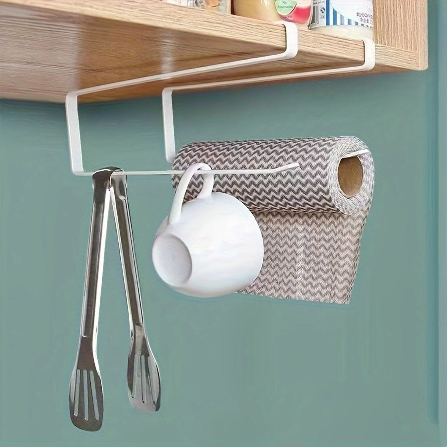 Easy to install under-cabinet paper towel holder, made of space-saving metal rack for kitchen use. Ideal for holding dishcloths and oil-absorbing sheets, no drilling necessary. Sleek metal design with iron construction, perfect for organizing kitchen