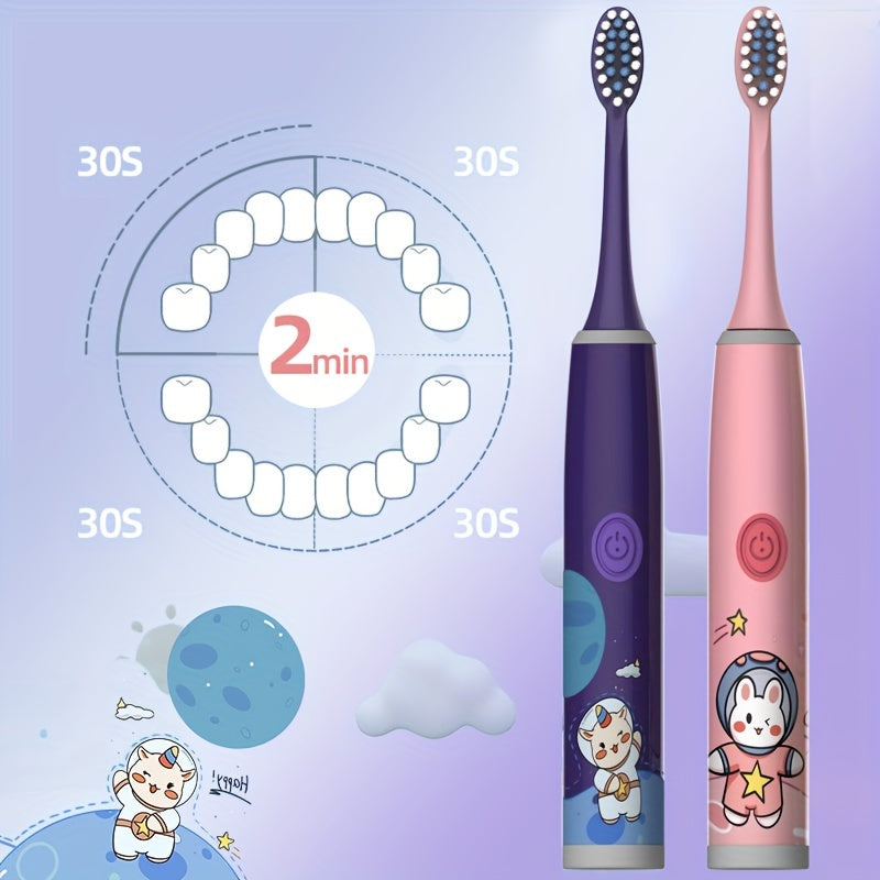 Children's Electric Toothbrush with 5 replacement brush heads in various colors. Suitable for kids aged 3-15, features soft bristles for gum protection and oral health care. Stylish