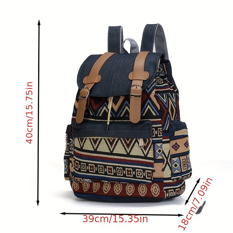 Boho Chic Women's Denim Backpack with Geometric Tribal Pattern, Adjustable Straps, Large Capacity, Multiple Compartments, Zippered Pockets, Blue & Brown Design.