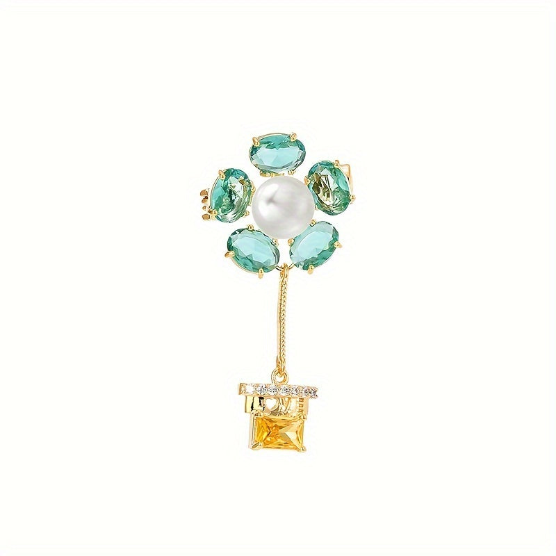 Elegant Vintage-Inspired Green Zirconia and Pearl Flower Pot Brooch, Quirky Plant-Shaped Fashion Pin with a Touch of Simplicity, Luxurious Designer Accessory