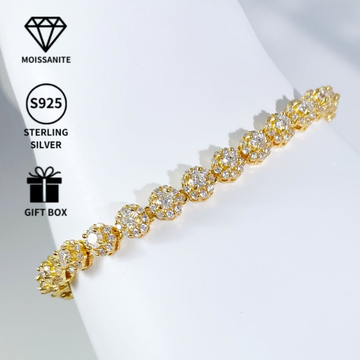 One Vintage Luxury 18K Golden Plated Moissanite Bracelet for Women, made with S925 Sterling Silver and featuring a 0.1 Carat Main Stone. Weighing 10.18g, this bracelet is perfect for weddings, banquets, Mardi Gras, and all seasons. Comes in a gift box