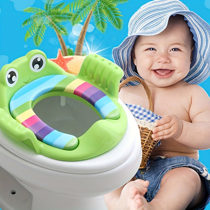 Portable potty training seat featuring adorable frog cartoon design, suitable for both boys and girls. Easy to clean and ideal for household toilet use.